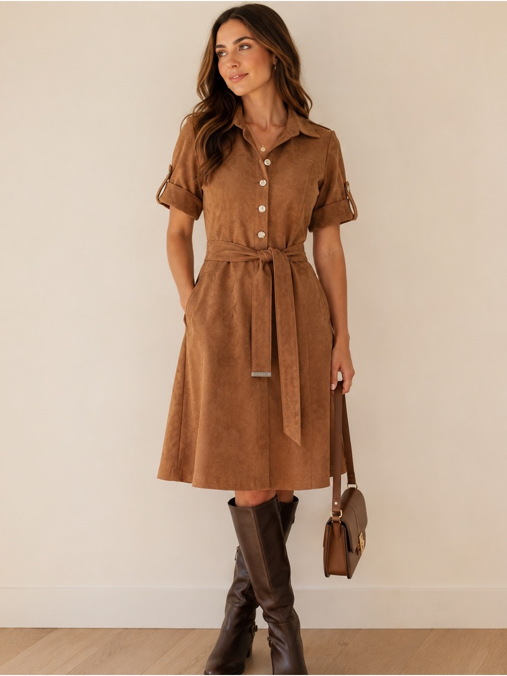 Tommy Hilfiger Faux Suede Belted Shirt Dress Brown Fit Flare Fall
